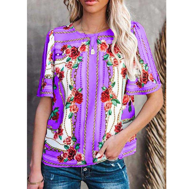 Women's Fashion Round Neck Short Sleeve T-Shirt Print Top