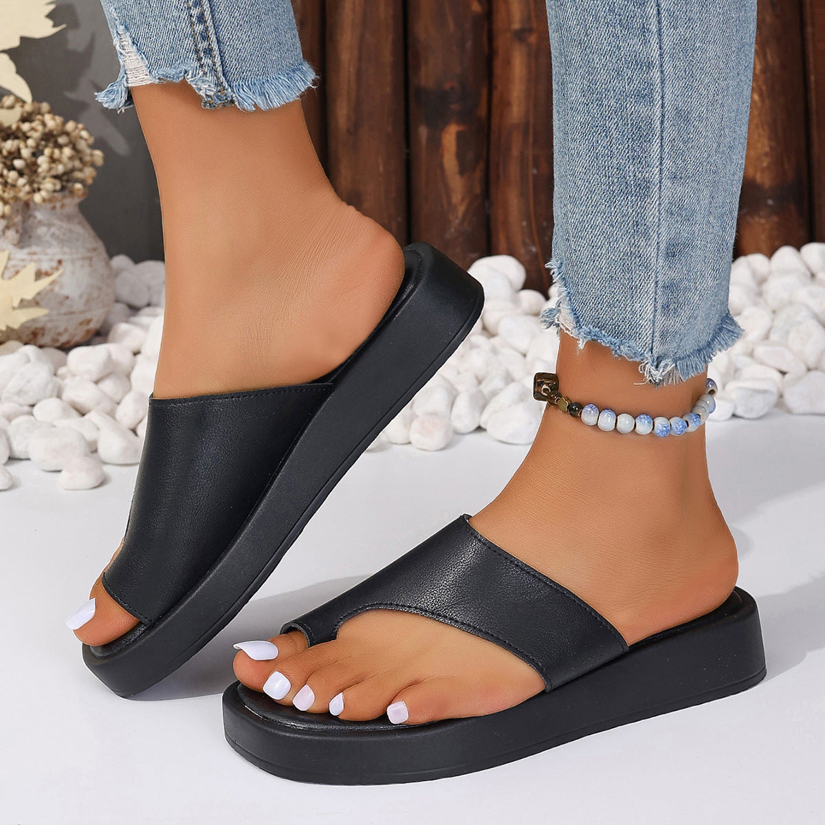 Thick-Soled Clip Toe Flat Slippers Outdoor Summer Casual Solid Color Slides Shoes for Women