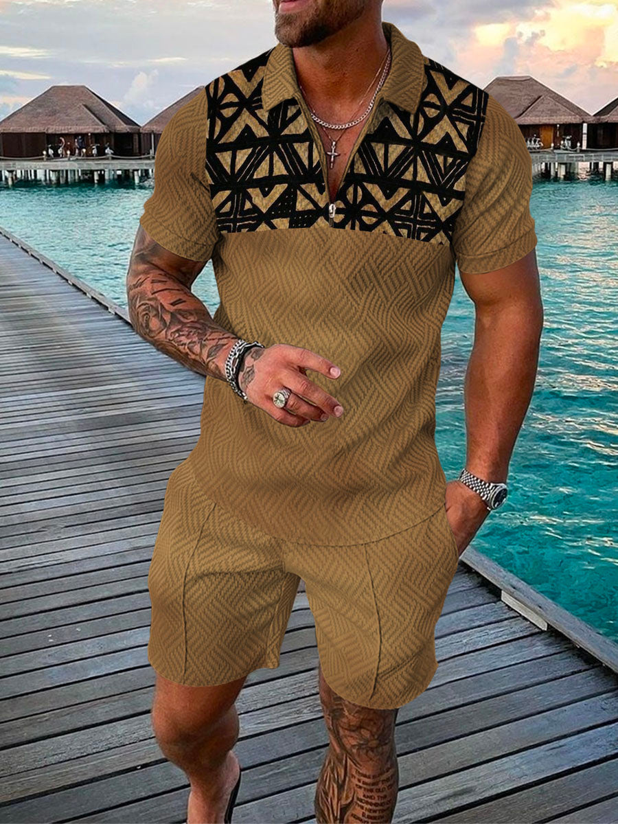 Men's Summer Fashion 3D Printed Short Sleeve Geometric Zip Lapel Shirt Set