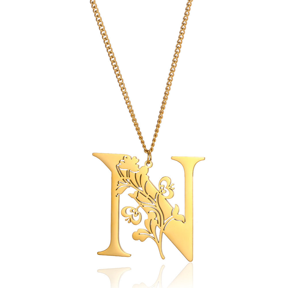 Stainless Steel 26 English Flower Letter Necklace