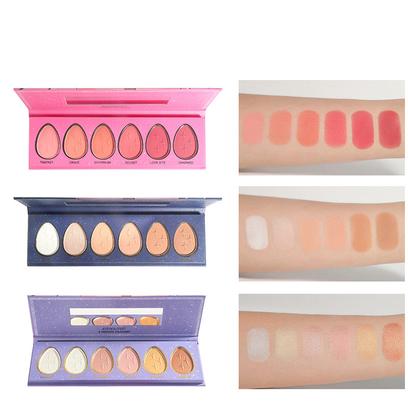 6-Color Trimming Highlighter Palette Blush Cosmetics Cute Makeup Tray Lasting Nature Makeup, 6-color Droplet Combination Blush Highlighter