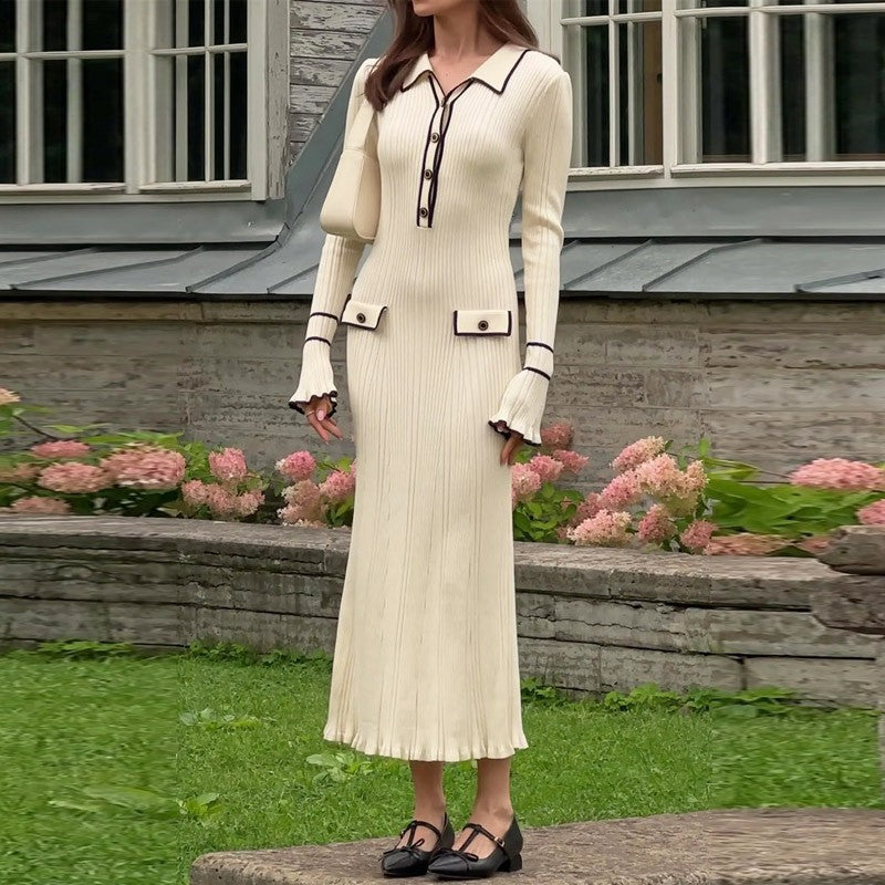 Trumpet-Sleeved Knitted Dress Fashion Slim Lapel Button Dresses Fall Wainter Women's Clothing