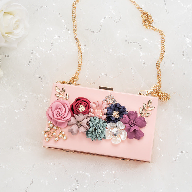 Pearl Hand Chain Pink Flower Thick Chain Bag