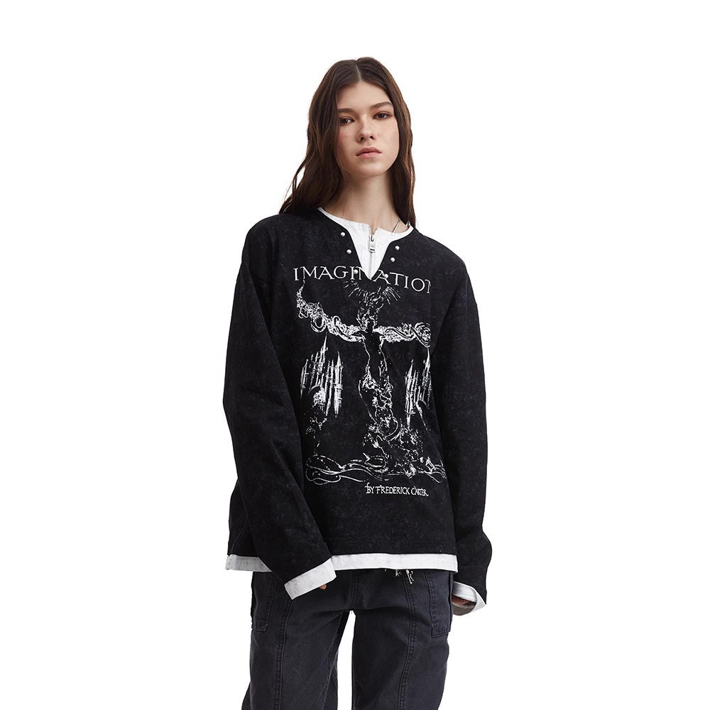 American Retro Punk Printed Pearl Buckle Fake Two-Piece Long Sleeve