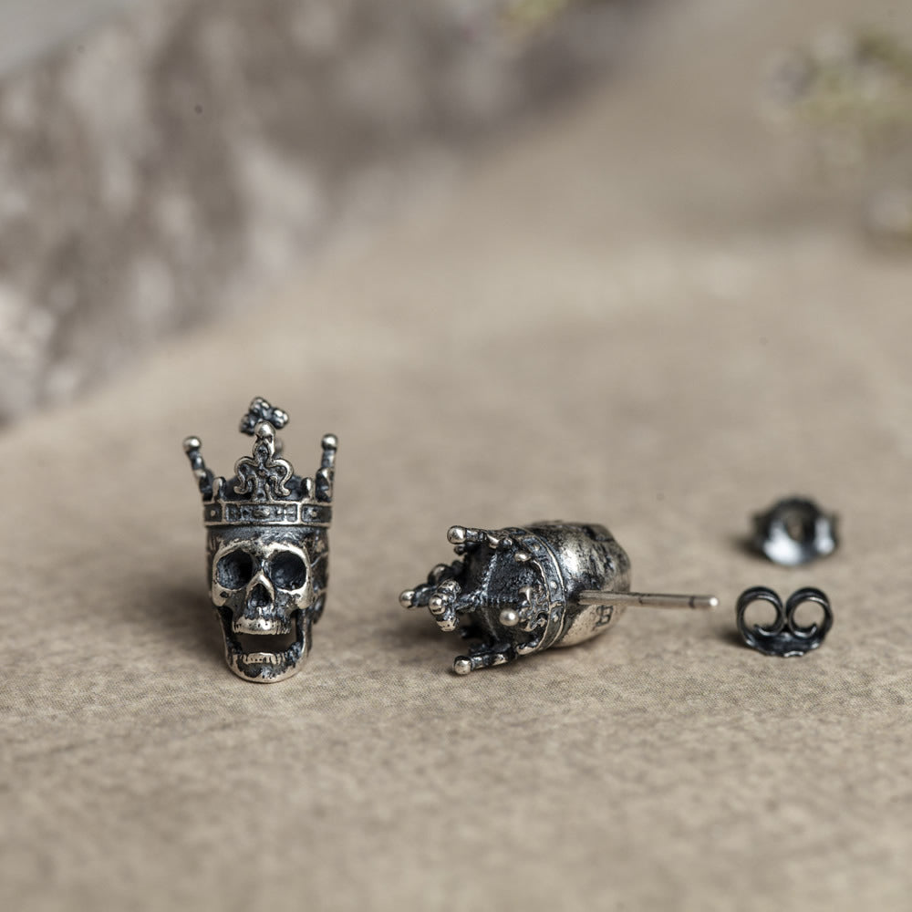 Silver Skull King Crown Vintage Earrings
