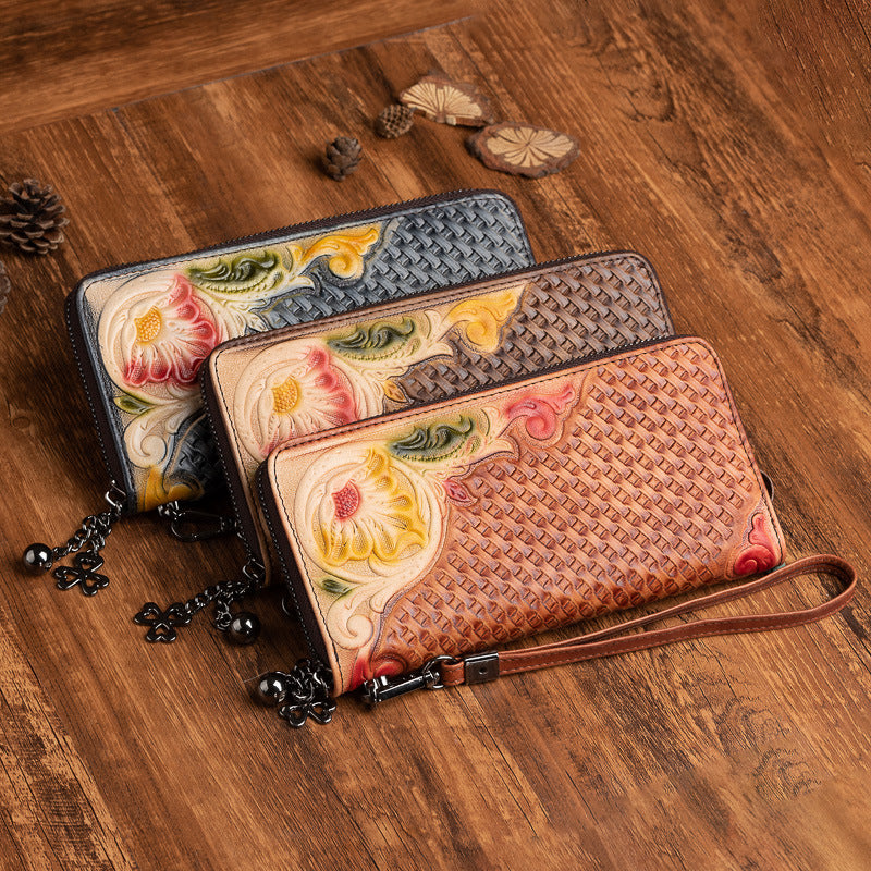 Fashion Retro Hand-Painted Tree High Leather Mid-Length Clutch Purse