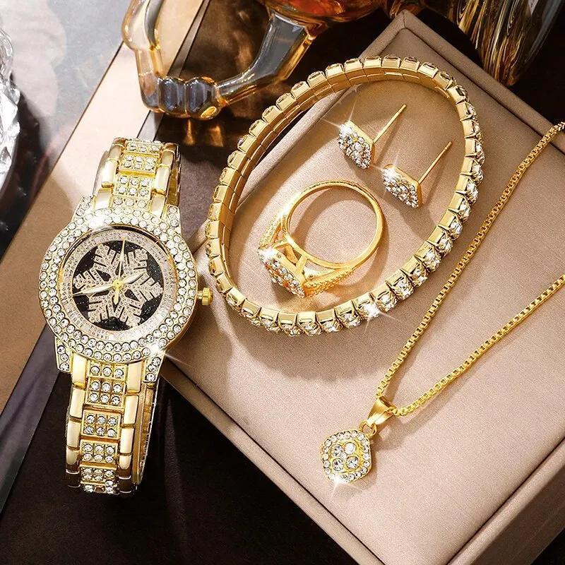 Snowflake Pattern Watch Luxury Full Rhinestone Jewelry Five-Piece Set