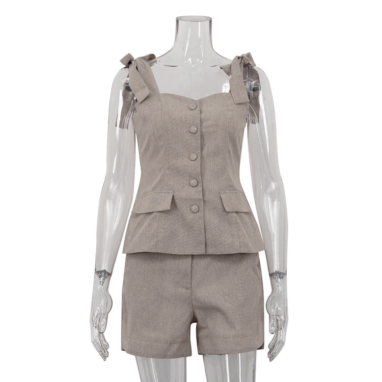 Cotton Bow Suspenders Vest Loose Shorts Two-Piece Set