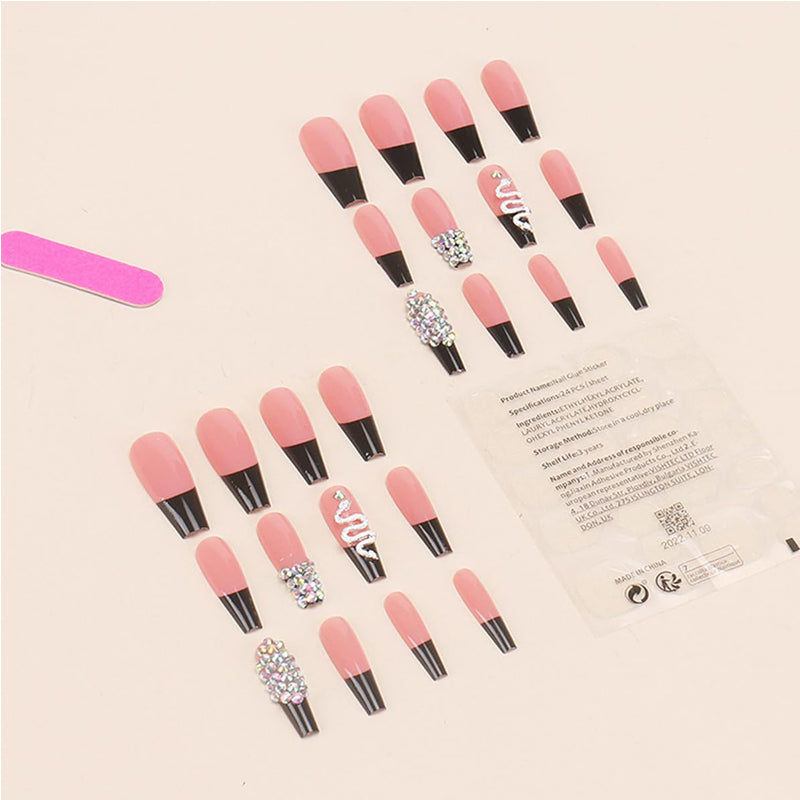24 PCS Diamond Snake Nail Art, Long Length Long Water Pipe Fake Nails,Square Head Nail Tips False Nail