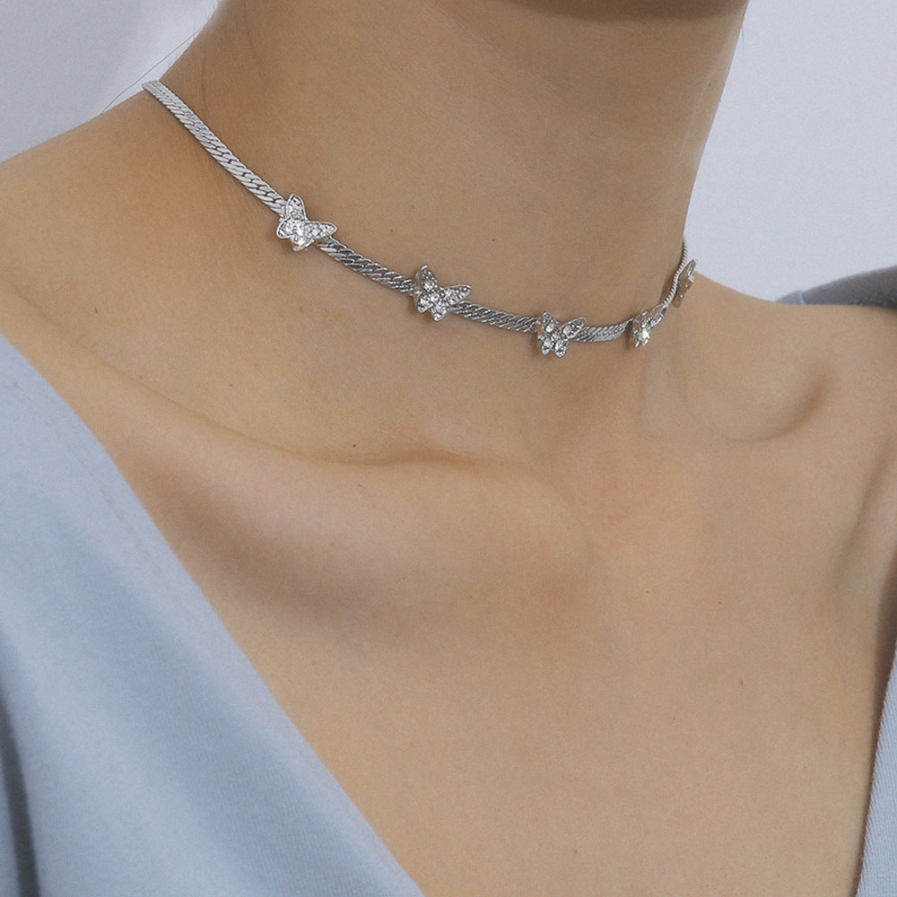 Simple Women's Flat Chain Diamond Butterfly Necklace Choker