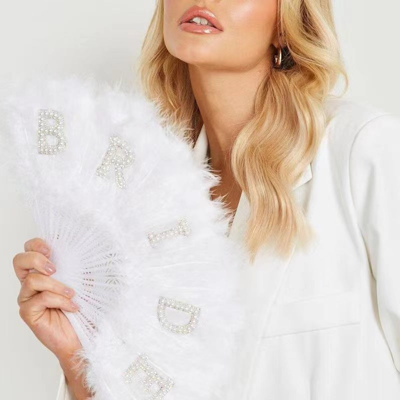 Bride Feather Fan Pearl Bride White Bridal Feather Folding Fan