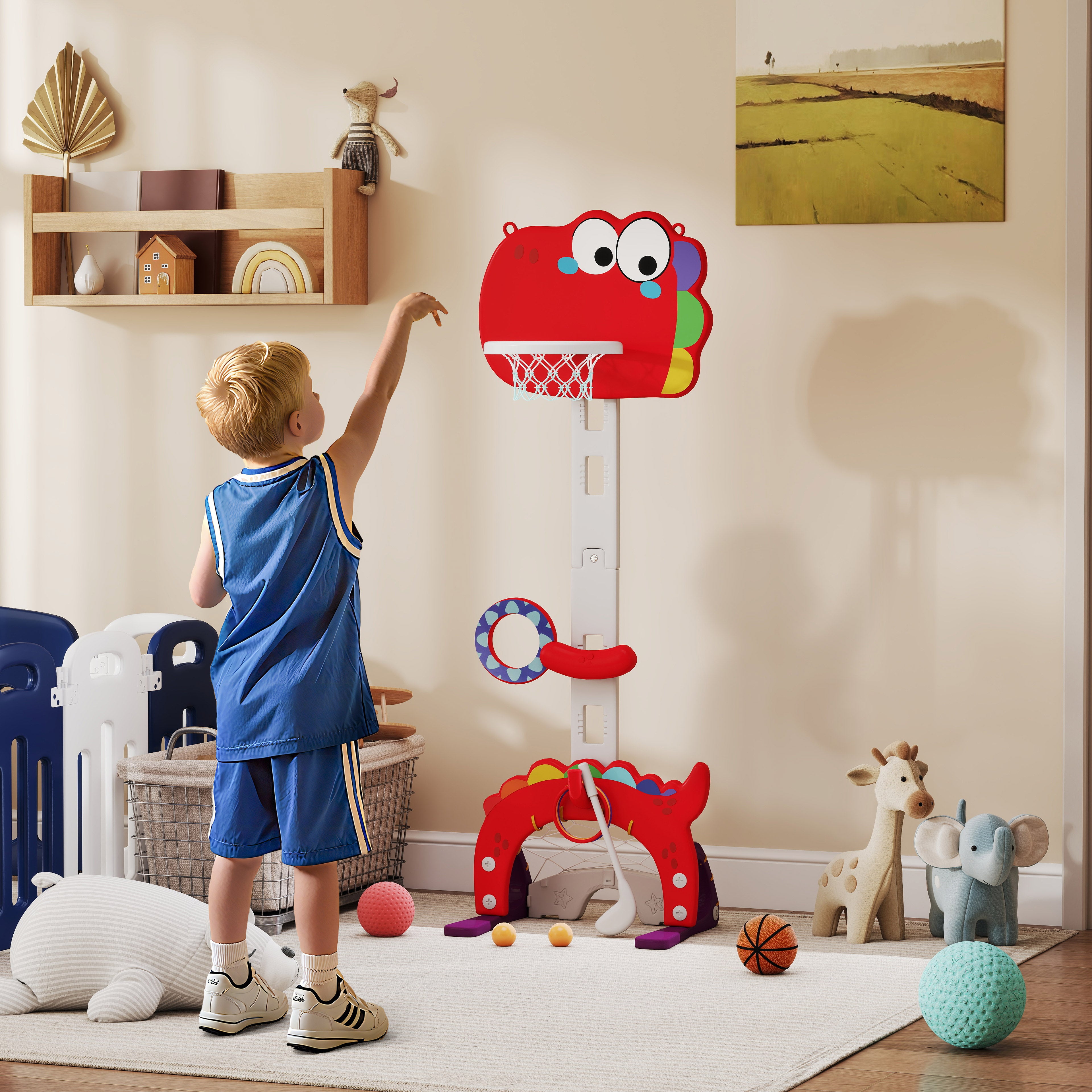 Adjustable Height 4.4-5 ft Kids Basketball Hoop, 5 in 1 Design, for Indoor Use, Red