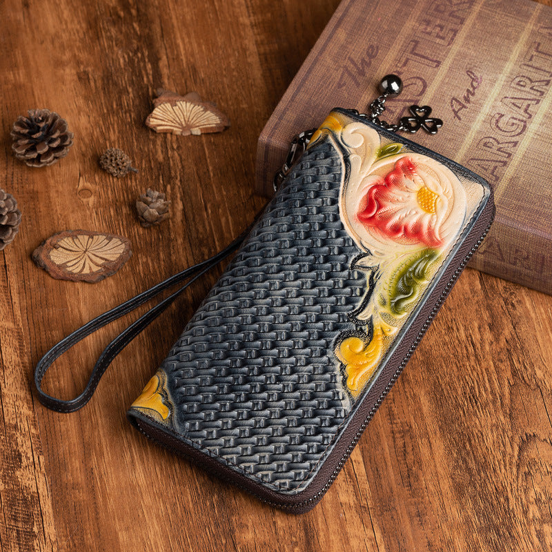 Fashion Retro Hand-Painted Tree High Leather Mid-Length Clutch Purse