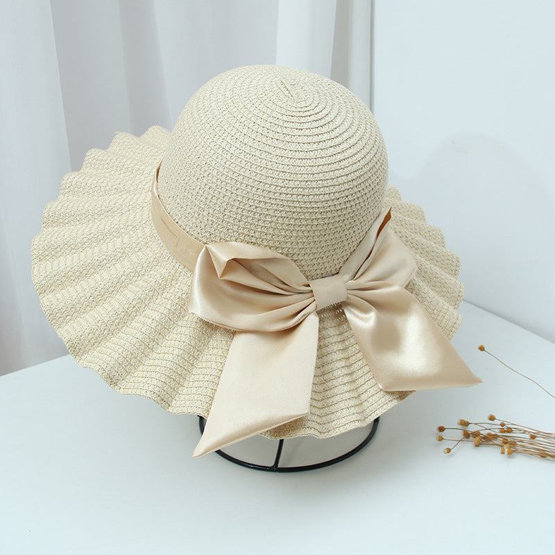 Wide-Brimmed Holiday Beach Hat With Shell Pattern Big Bow