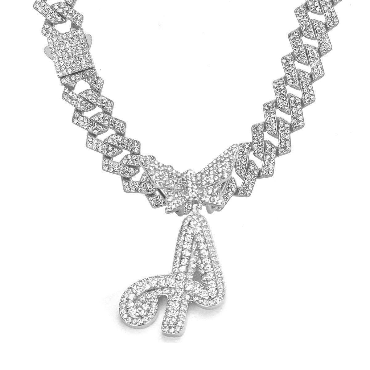 English Letter Alloy Rhinestone Pendant Necklace Butterfly