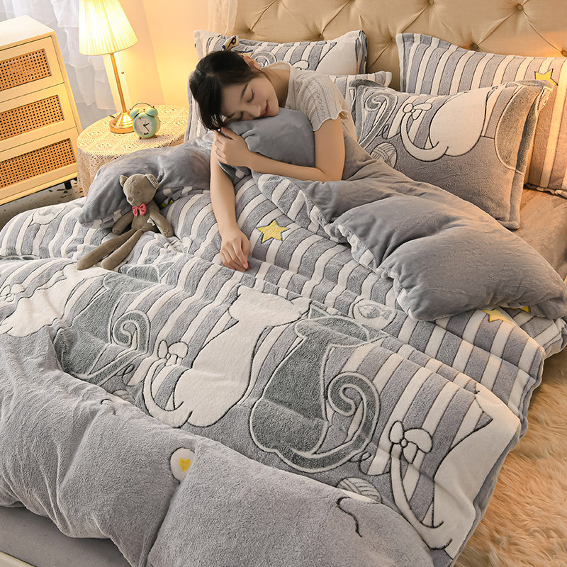 Coral Velvet Sheet Duvet Cover Double Sided Plus Velvet Thick Bedding Set