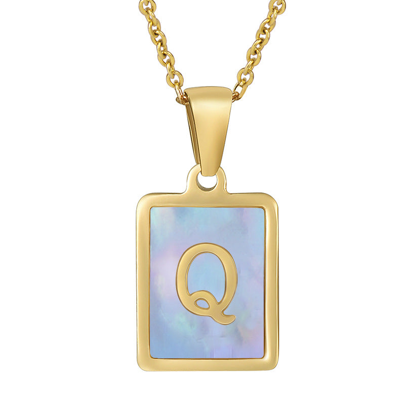 Titanium Steel 26 English Letter Necklace Blue Shell