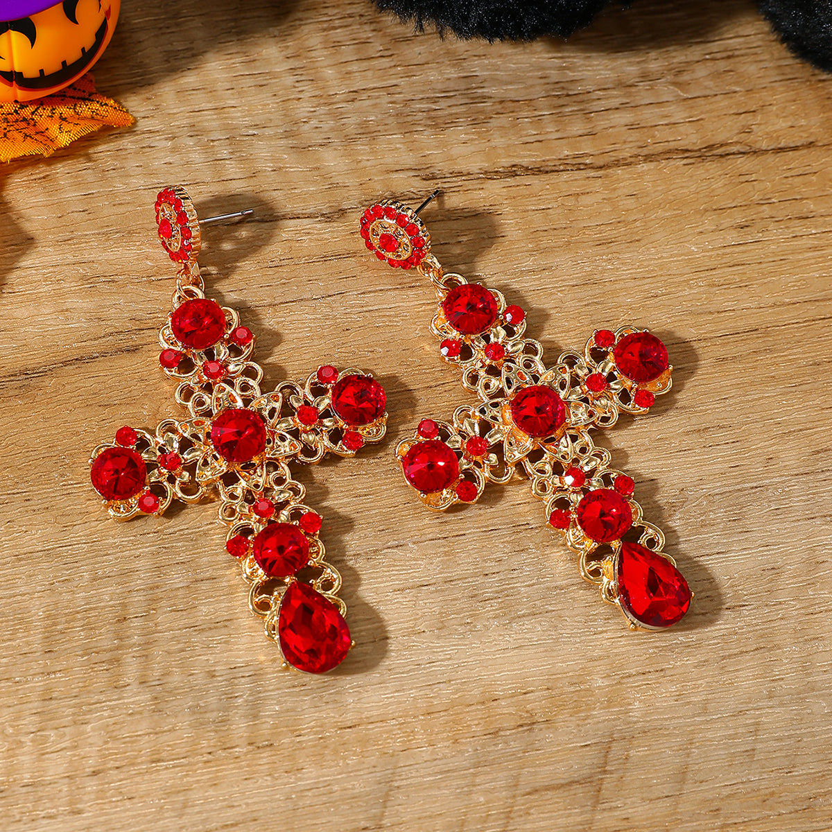 1 Pair Gothic Vintage Black Crystal Cross Drop Earrings, Punk Style Zinc Alloy Jewelry