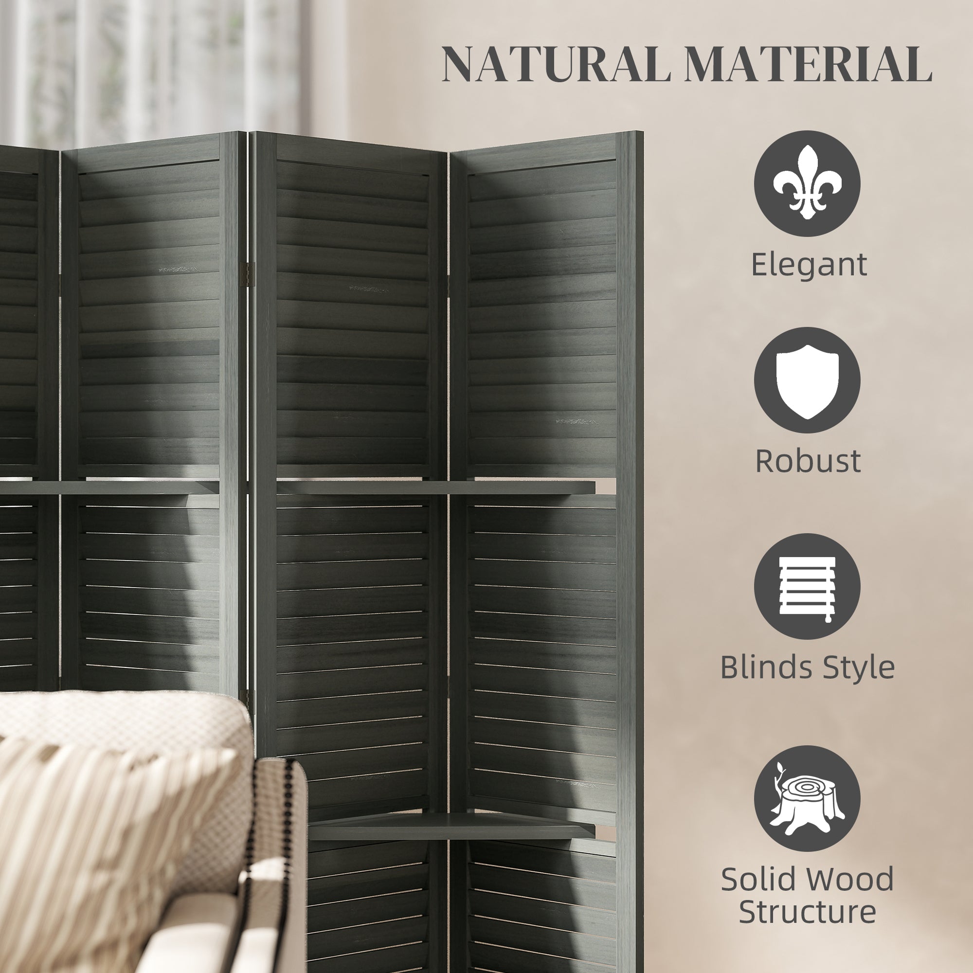 6 Panel 67" Tall Wood Privacy Screen Room Divider with 3 Shelves and Folding Storage for Bedroom, Gray