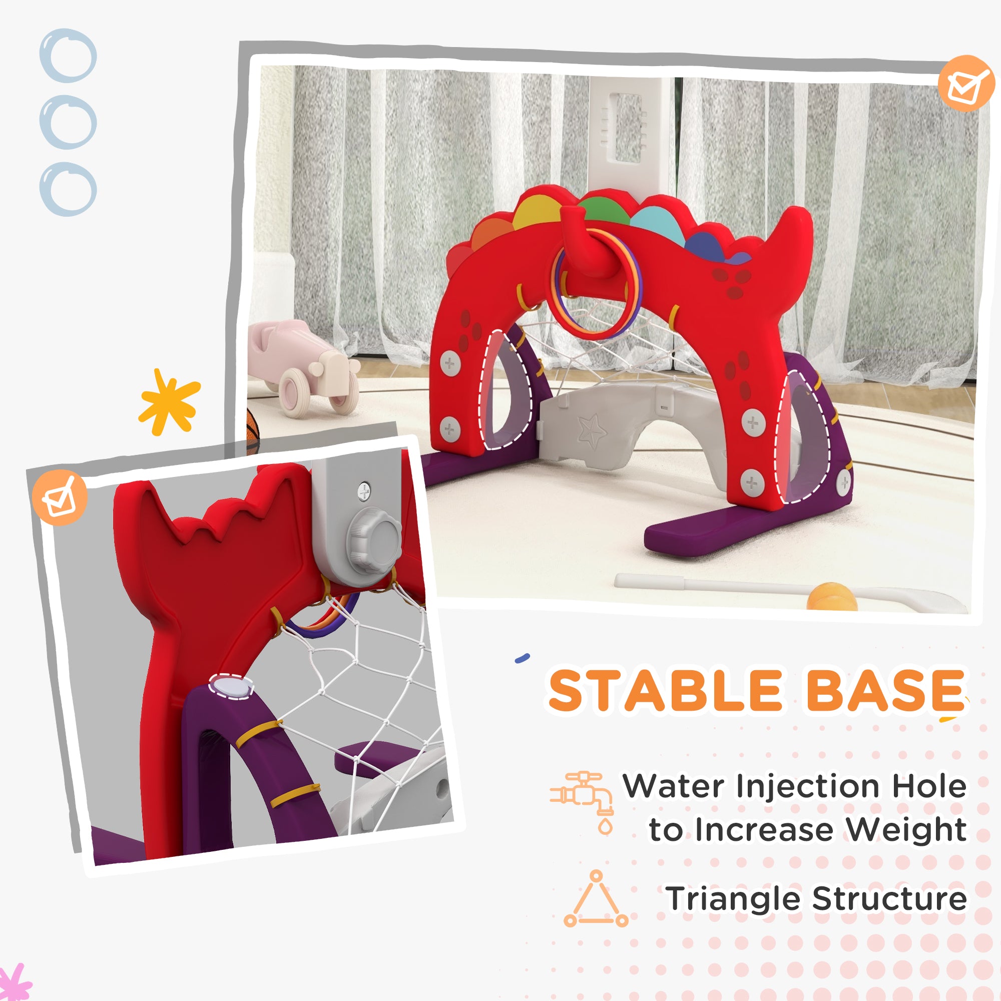 Adjustable Height 4.4-5 ft Kids Basketball Hoop, 5 in 1 Design, for Indoor Use, Red