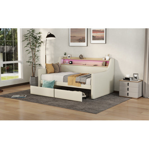 Twin Size Daybed With Storage Drawers, Upholstered Daybed With Charging Station And LED Lights, Beige