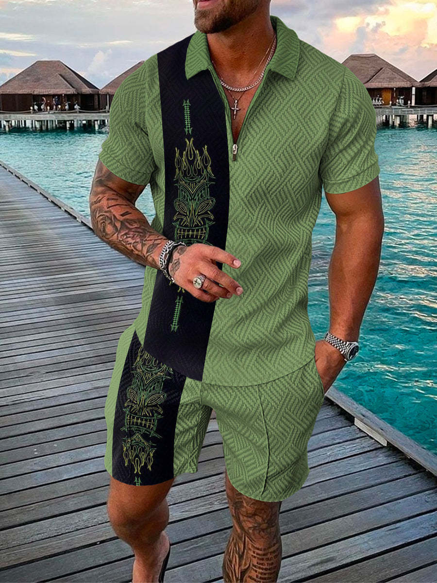 Men's Summer Fashion 3D Printed Short Sleeve Geometric Zip Lapel Shirt Set