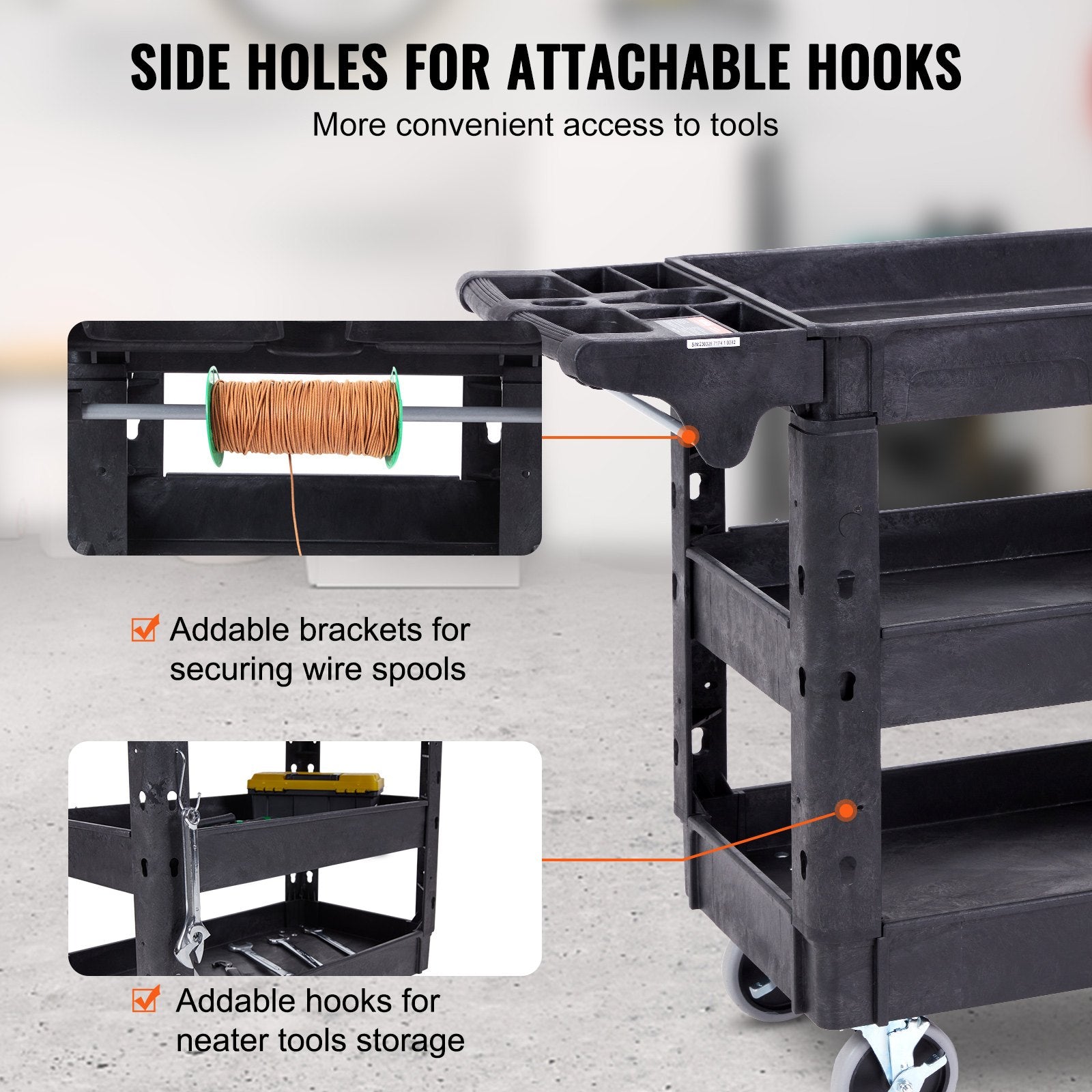 Utility Service Cart, 3 Shelf 550LBS Heavy Duty Plastic Rolling Utility Cart With 360 Swivel Wheels