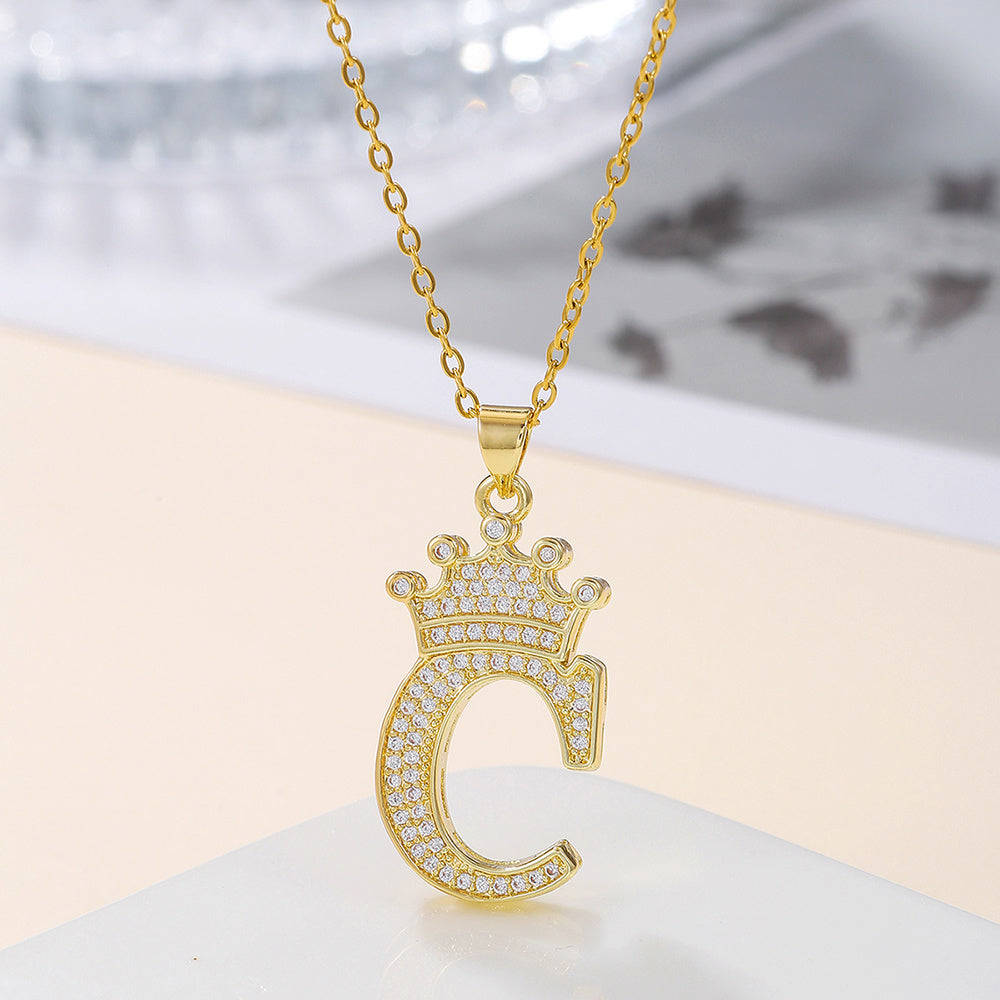 1PCS Fashionable Gold Diamond Crown Uppercase Letter Popular Pendant Necklace, Suitable For Daily Use, Festivals, Parties, Gifts Jewelry Set