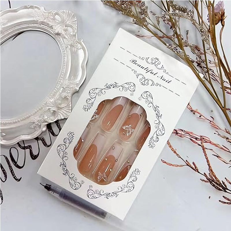 24 PCS Diamond Butterfly Nail Art, Long Length Long Water Pipe Fake Nails,Square Head Nail Tips False Nail