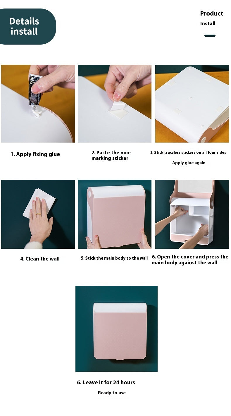Plastic Cosmetic Storage Box Wall-Mounted Storage Rack With Mirror