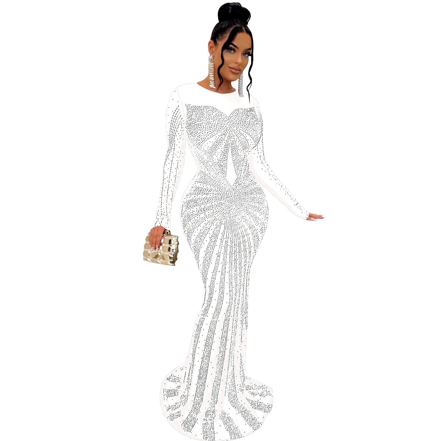 Women's Solid Color Mesh See-through Hot Drill Long-Sleeved Long Dress