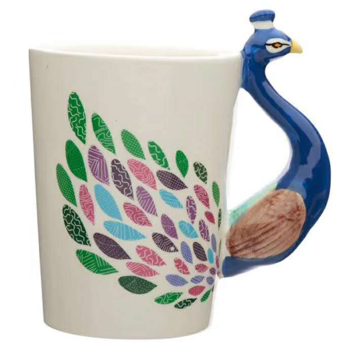 Painted Ceramic Cup Crown Peacock Handle