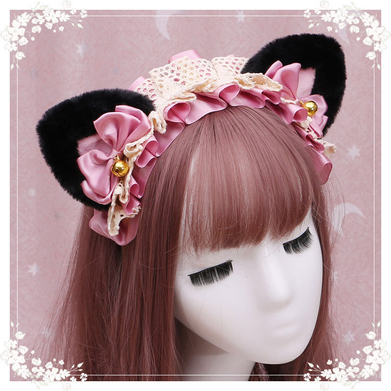 A Lovely Japanese Lolita Hairdress, Catwoman Plush Lolita Headdress, Lace Cat Ear Hair Band