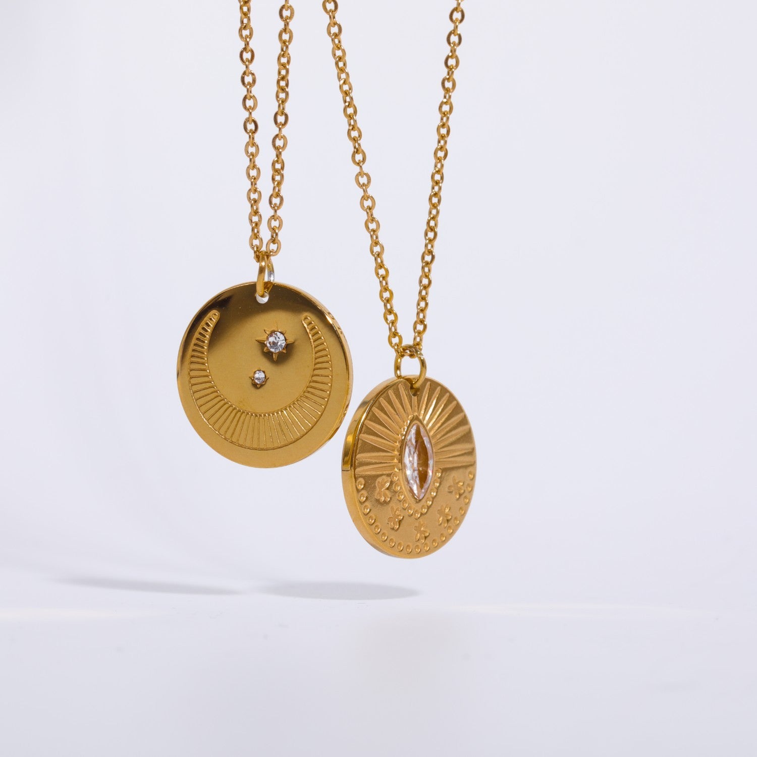 Three-Dimensional Sun Moon Round Coin Zircon Necklace