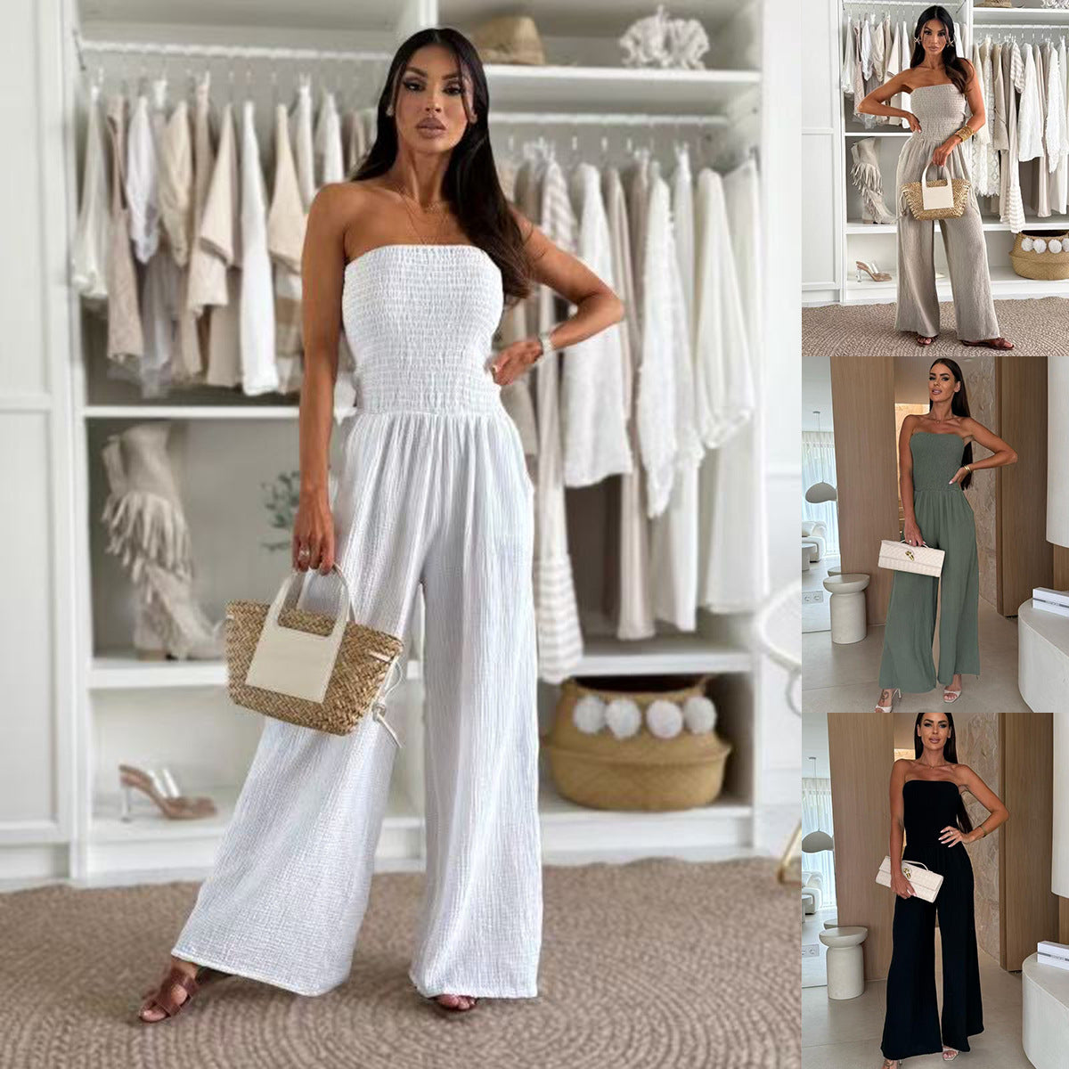 Double Layer Cotton Solid Color One Neck Pocket Waist Jumpsuit Women's Clothing