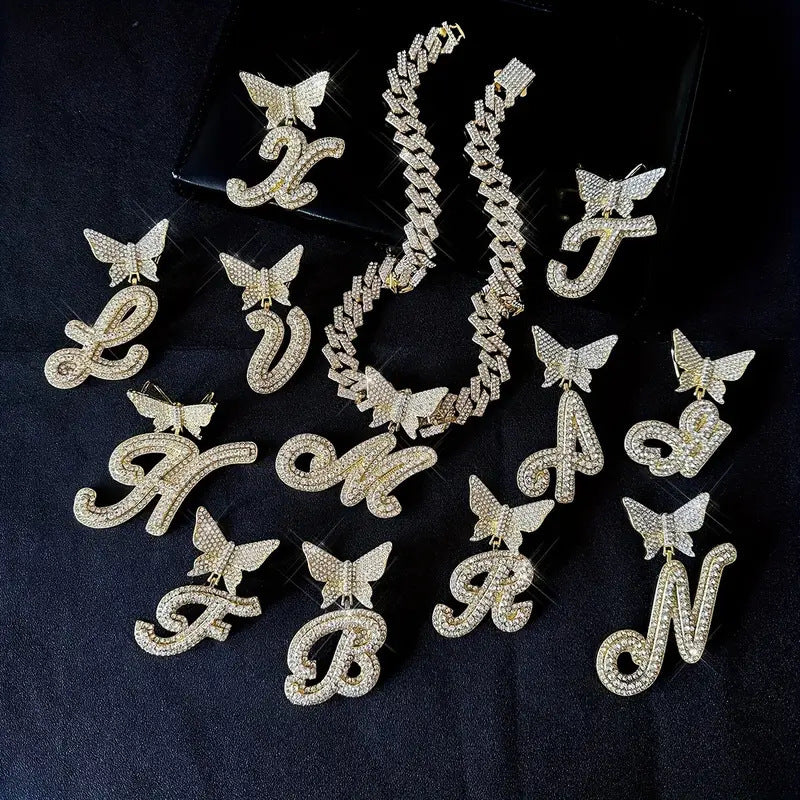 English Letter Alloy Rhinestone Pendant Necklace Butterfly