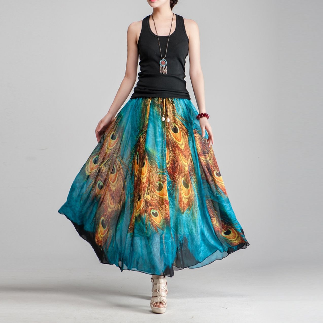 Peacock Feather Print Round Neck Skirt