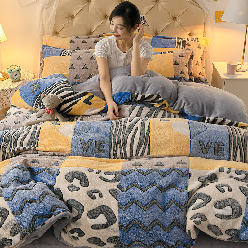 Coral Velvet Sheet Duvet Cover Double Sided Plus Velvet Thick Bedding Set