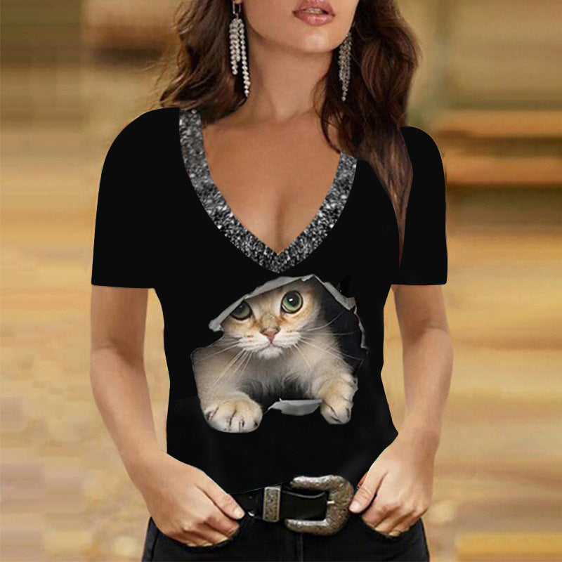 Printed V Neck Short Sleeve Top Summer