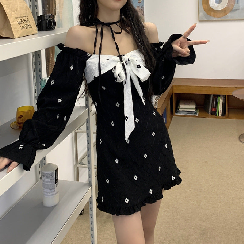 One-Shoulder Bowknot Design High-Waist Chiffon Pullover Long-sleeved A-Line Skirt