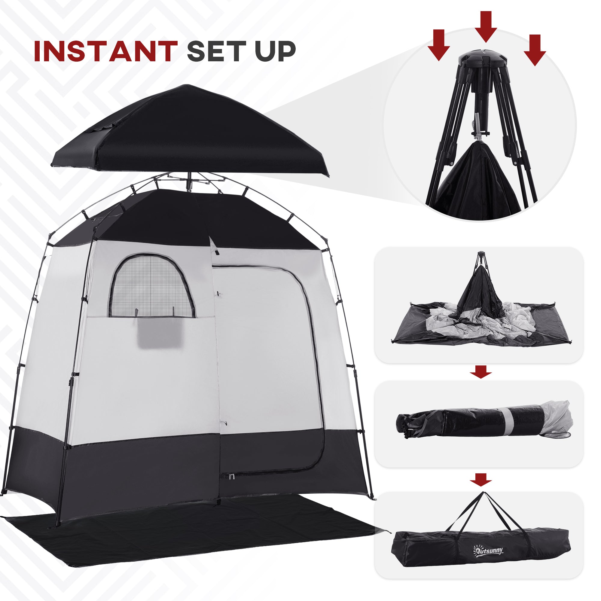 Shower Tent w/ Two Rooms, Shower Bag, Floor and Carrying Bag, Portable Privacy Shelter, Instant Changing Room for 2 Person, Black