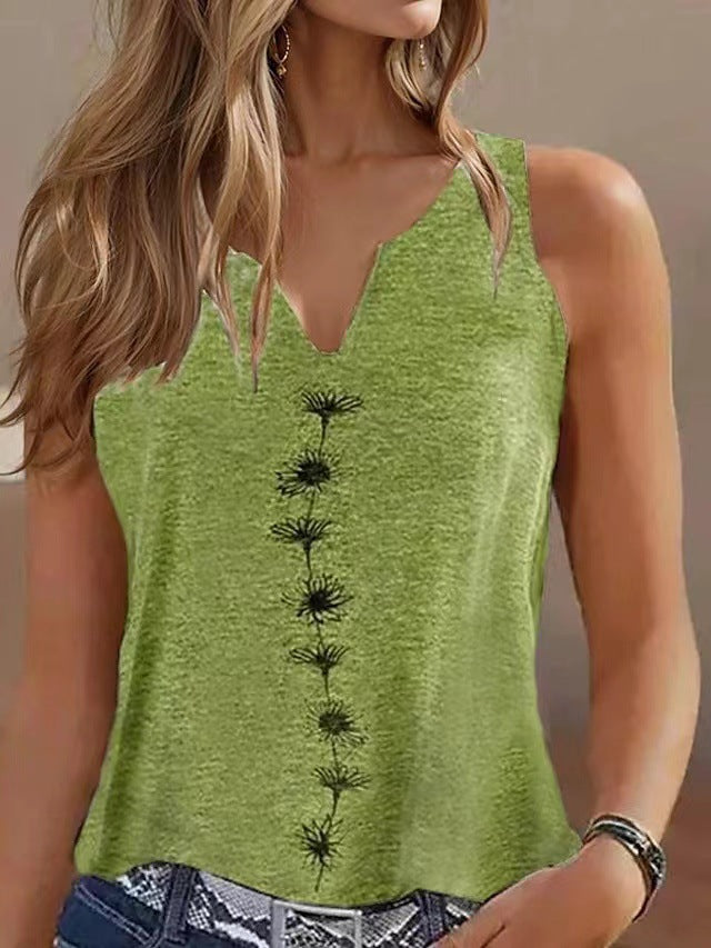 Casual Loose V-Neck S Print Sleeveless T-Shirt Women