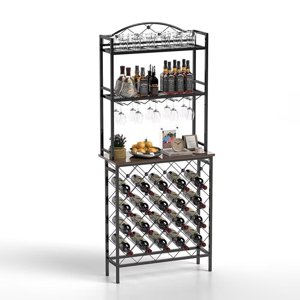 Freestanding Floor Wine Rack,Tall Wine Holder Stand With Wine Glass Holder,Storage Shelves