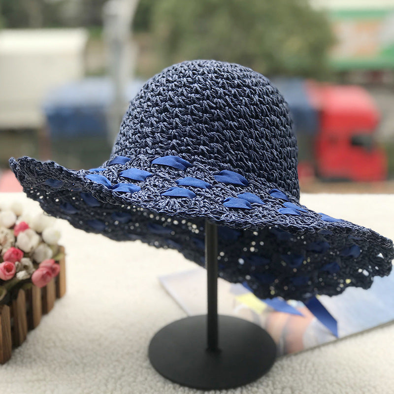 New Flat Big Brim Female Shade Dome Beach Hand Crochet Straw Hat