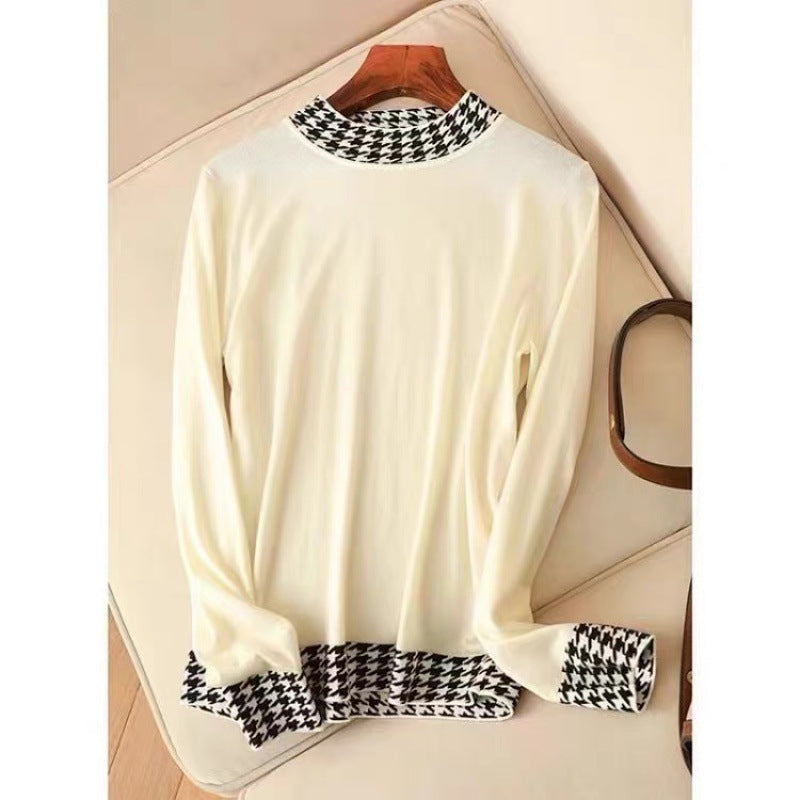 Women's Fashion Houndstooth Stitching Long-Sleeved Sweater