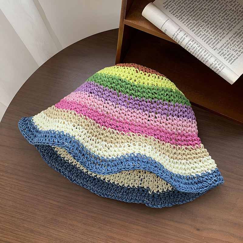 Rainbow Straw Bucket Hat Women's Summer Breathable Sun-Proof Sun Protection
