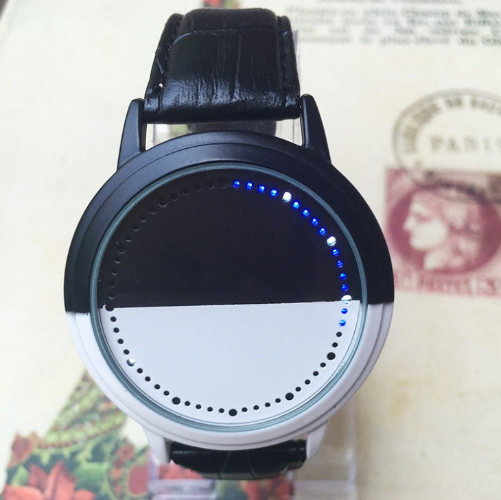 LED Touch Student Couple Watch Leather Smart Black and White Stitching Men and Women Watch