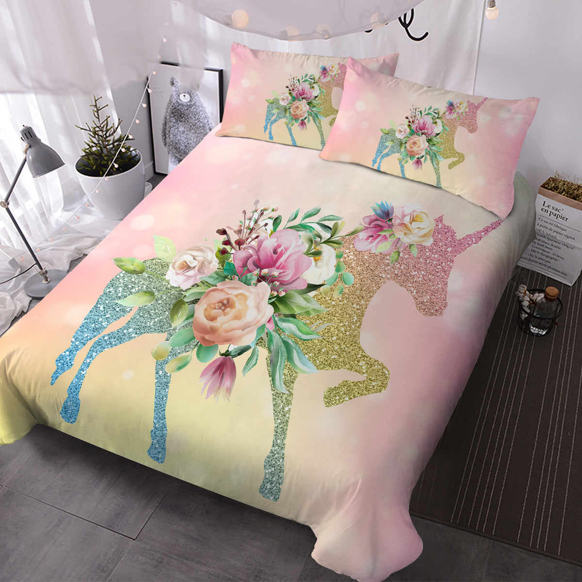 Bedding Set 3-Piece Kids Bed Sets For Girls, Glitter Cartoon Bedding, Teen Cartoon Duvet Cover Sets, Ultra Soft Horse Rose Bedspreads