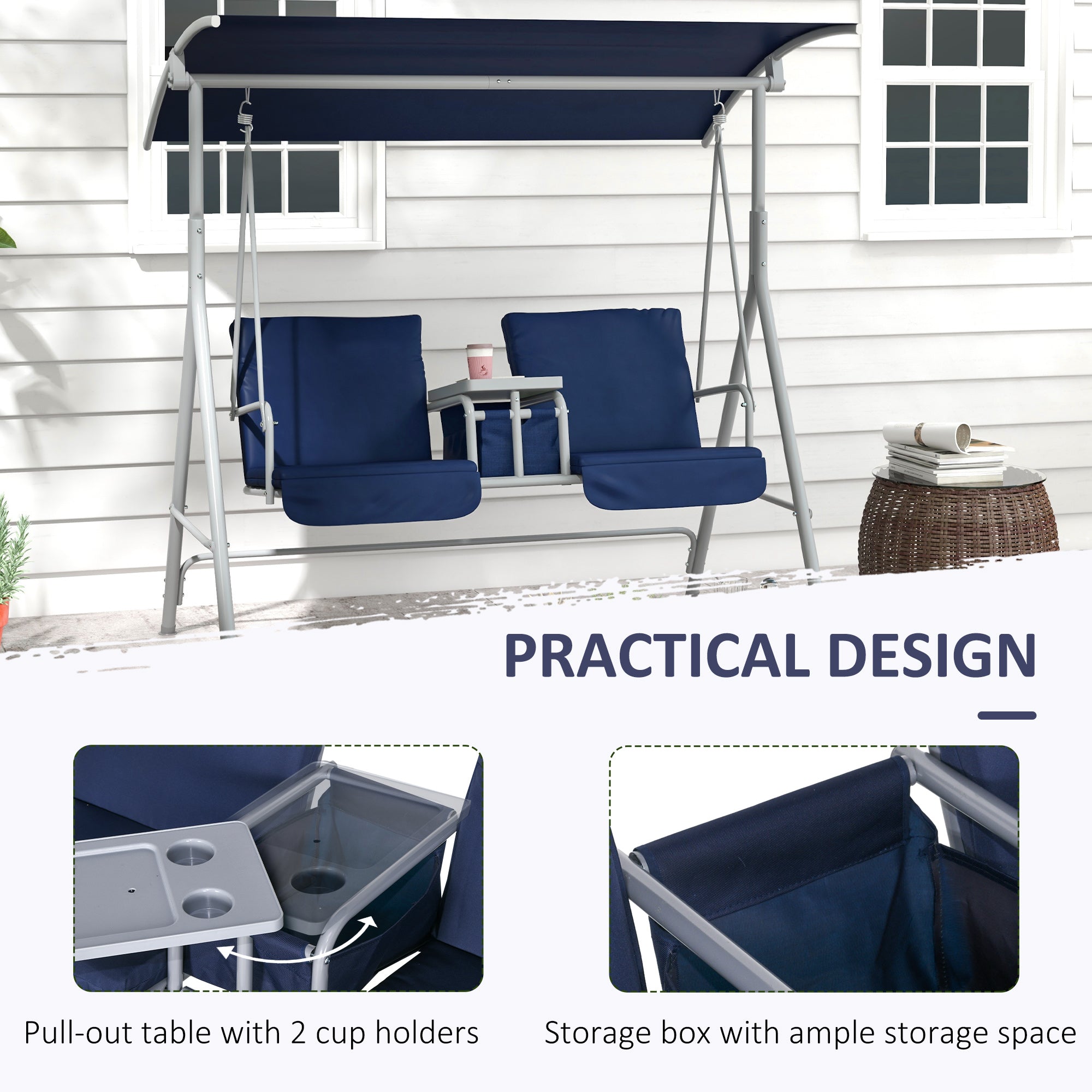 2-Seater Outdoor Porch Swing With Canopy And Table, Patio Swing Chair For Garden, Poolside, Backyard, Dark Blue