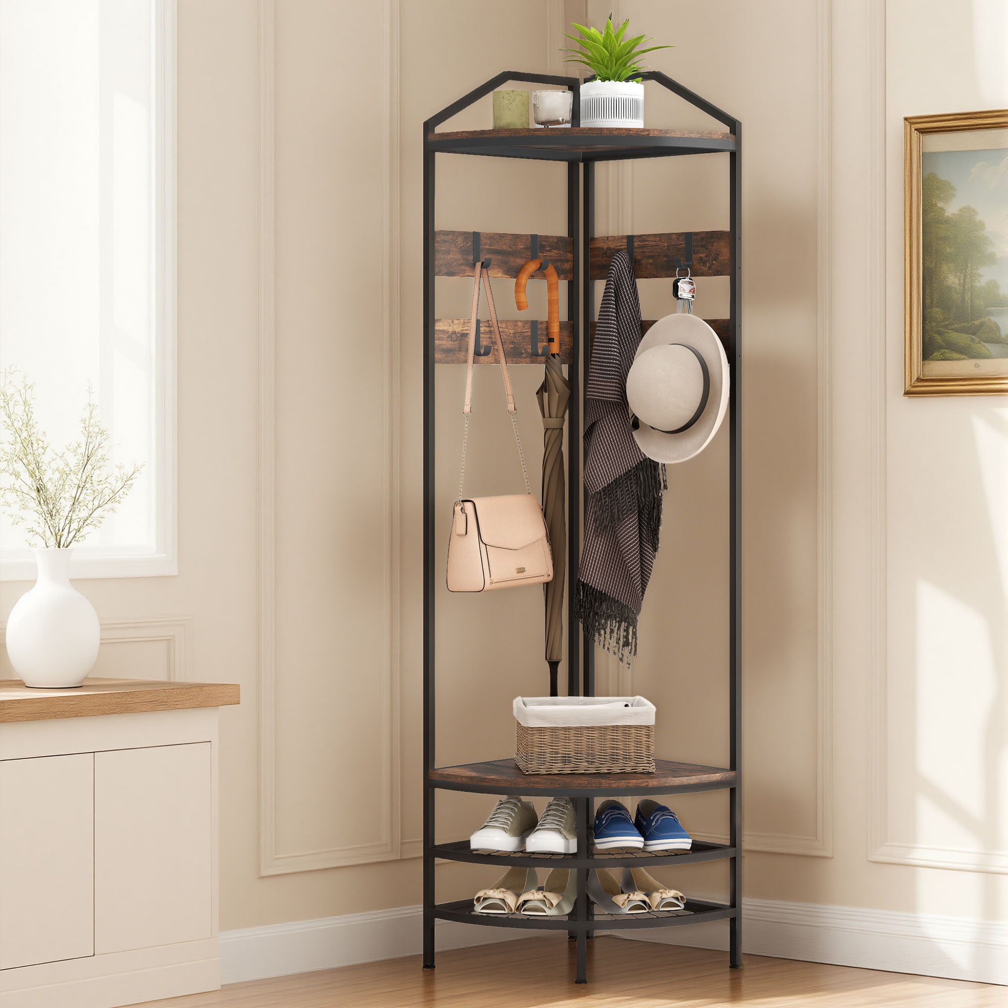 Corner Hall Tree, Industrial 4-Tier Coat Rack with Shoe Storage, 8 Movable Hooks and 2 Shelves for Hallway, Rustic Brown